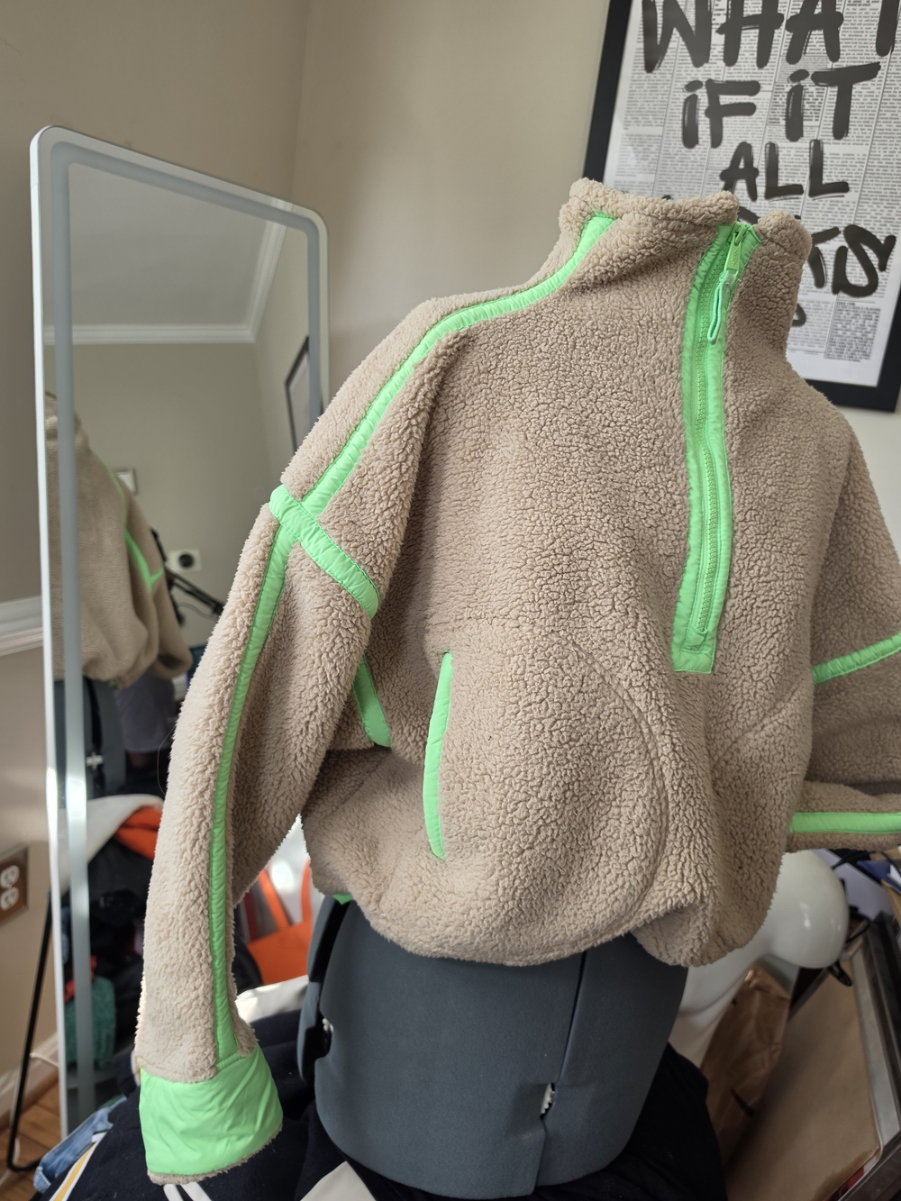 Free People Beige Sherpa Pullover with Neon Green Trim - Picture 4 of 4